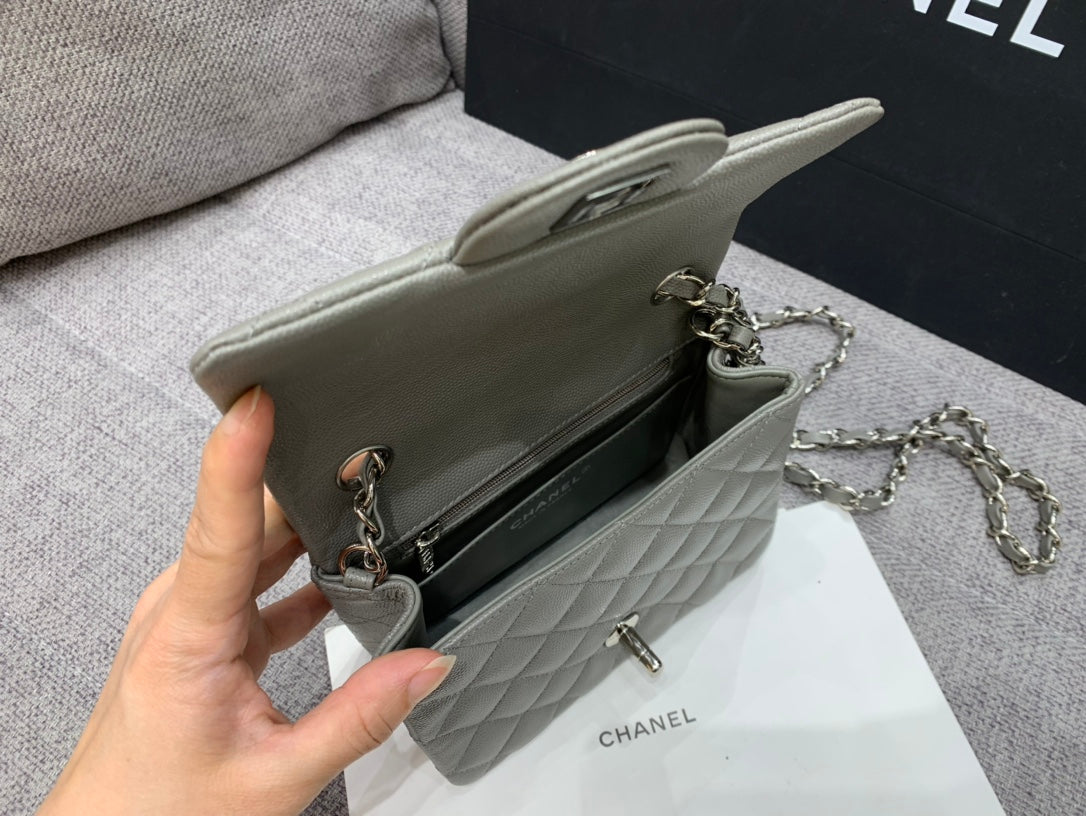 MINI SQUARE FLAP BAG 17CM GREY CAVIAR SILVER HARDWARE