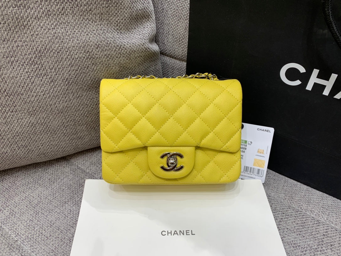 MINI SQUARE FLAP BAG 17CM YELLOW CAVIAR SILVER HARDWARE