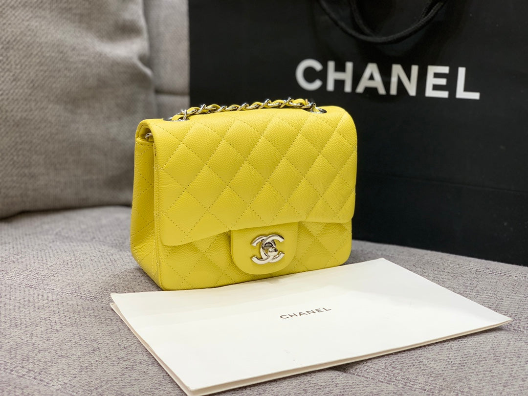 MINI SQUARE FLAP BAG 17CM YELLOW CAVIAR SILVER HARDWARE