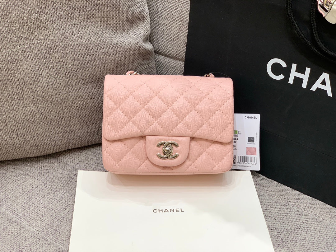 MINI SQUARE FLAP BAG 17CM PINK CAVIAR SILVER HARDWARE