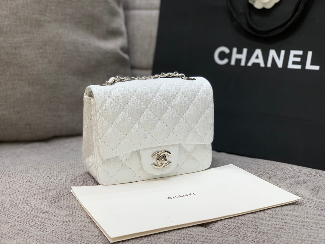 MINI SQUARE FLAP BAG 17CM WHITE CAVIAR SILVER HARDWARE