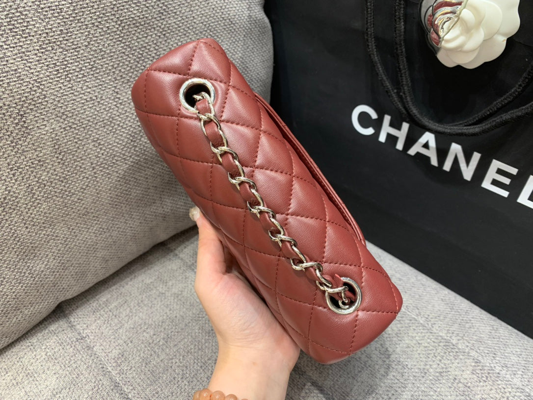 MINI RECTANGLE FLAP BAG 20CM BURGUNDY LAMBSKIN SILVER HARDWARE