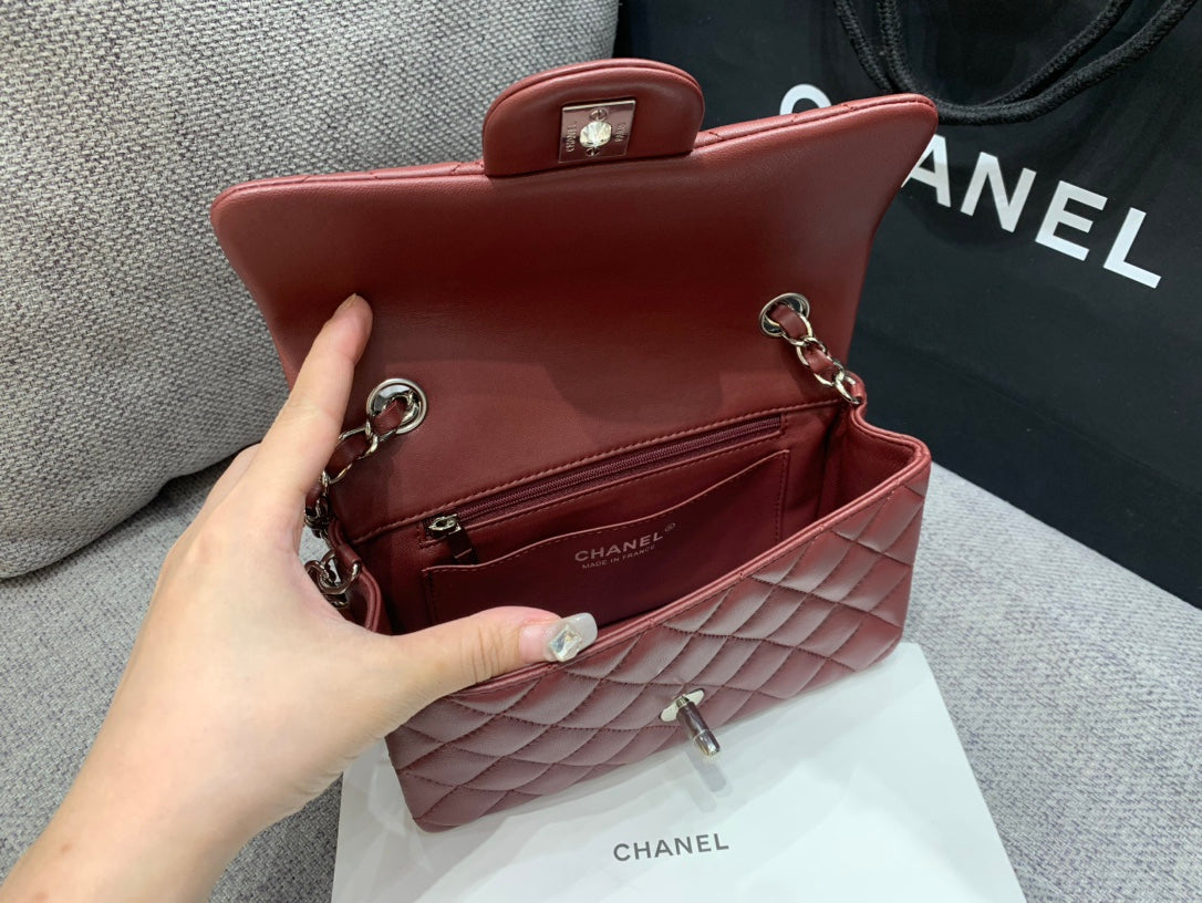 MINI RECTANGLE FLAP BAG 20CM BURGUNDY LAMBSKIN SILVER HARDWARE