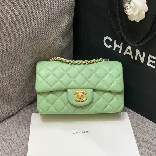 MINI RECTANGLE FLAP BAG 20CM LIME LAMBSKIN GOLD HARDWARE