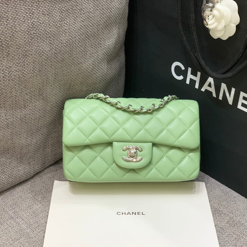 MINI RECTANGLE FLAP BAG 20CM LIME LAMBSKIN SILVER HARDWARE