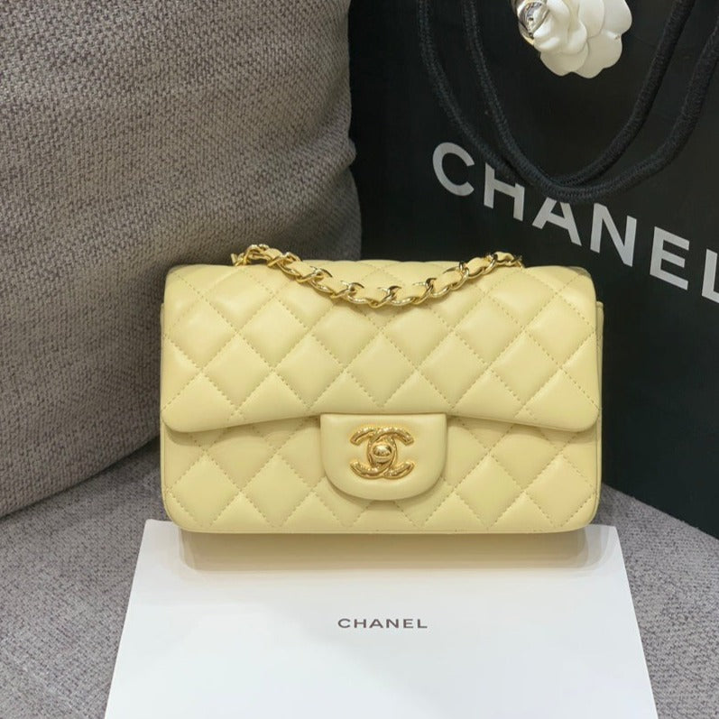 MINI RECTANGLE FLAP BAG 20CM YELLOW LAMBSKIN GOLD HARDWARE