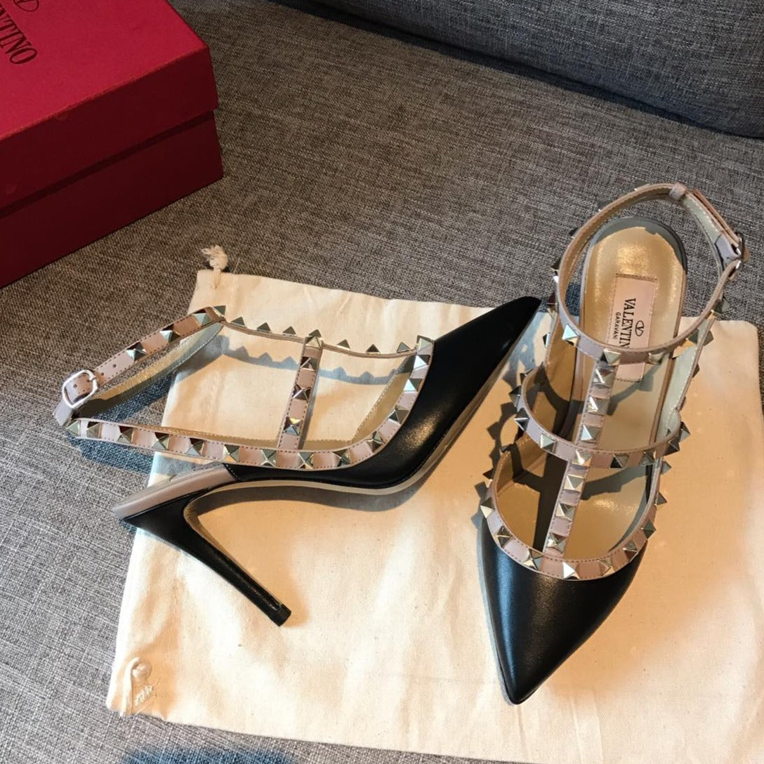 Rockstud Slingback 100 Black Beige Calfskin