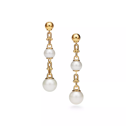 TRIPLE DROP LINK EARRINGS GOLD WITH FRESHWATER PEARLS