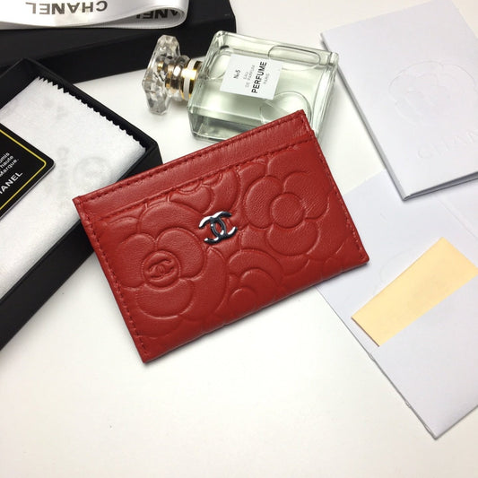 CC FLORAL CARD HOLDER 11.2 RED CALFSKIN SILVER ICON