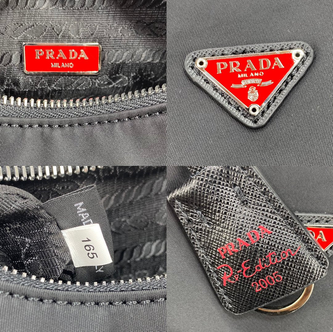 PRA HOBO 22 BAG IN BLACK RE-NYLON WITH RED LOGO