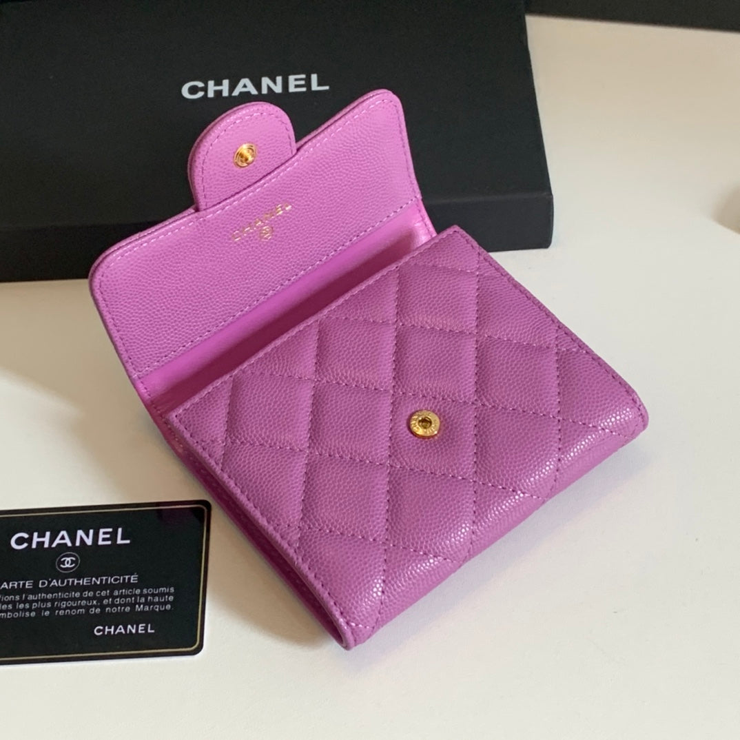 CC FLAP CARD HOLDER 11.5 HOT PINK GRAINED CALFSKIN GOLD ICON