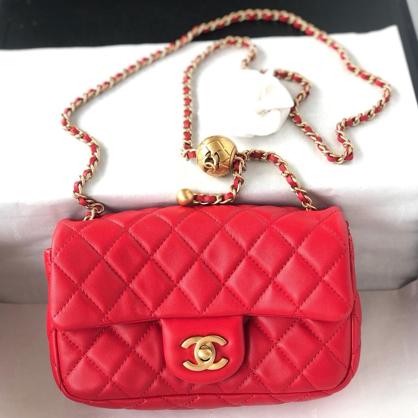 MINI RECTANGLE CLASSIC FLAP BAG 20CM RED LAMBSKIN GOLD HARDWARE