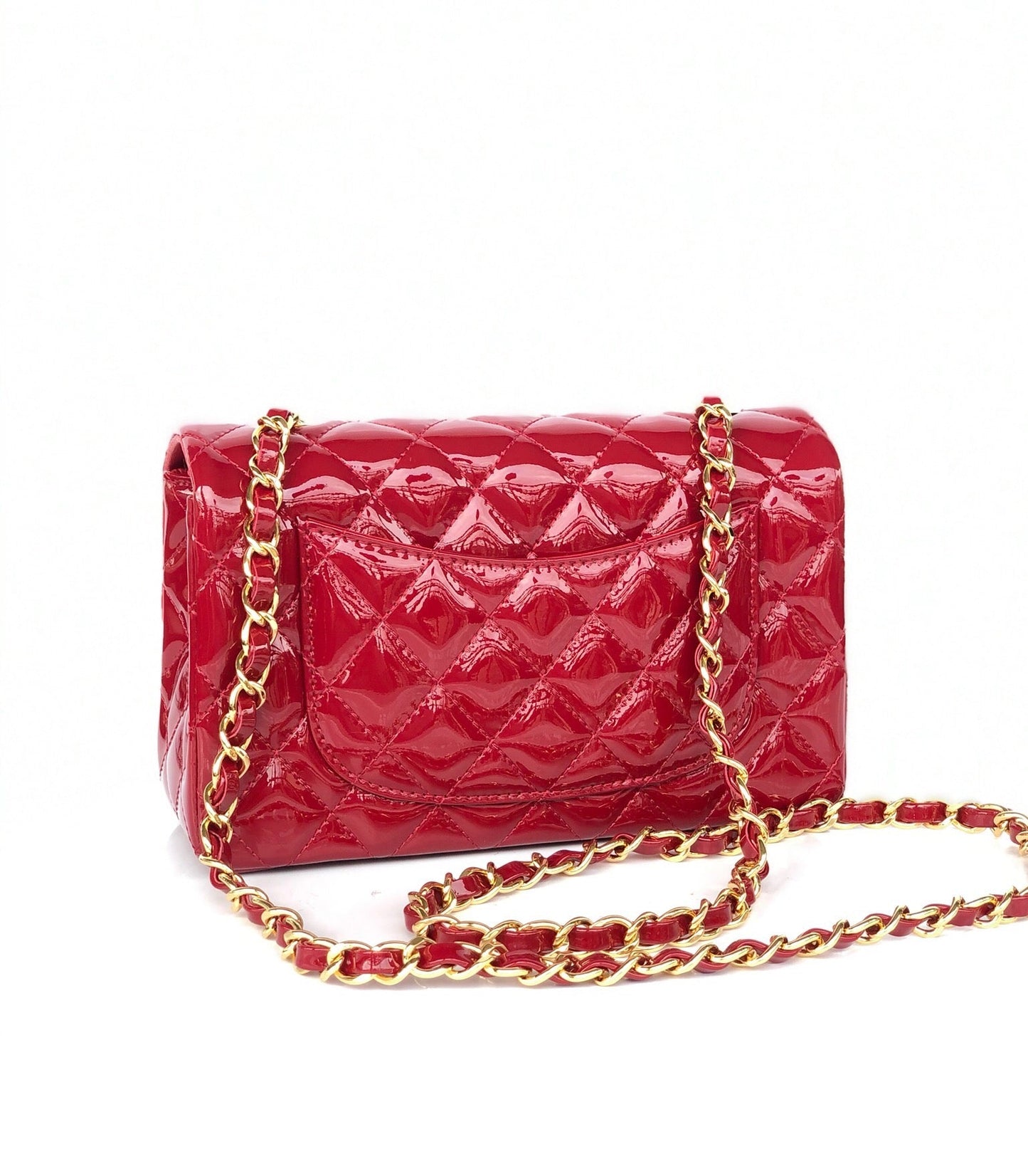 MINI RECTANGLE FLAP BAG 20CM RED PATENT CALFSKIN GOLD HARDWARE