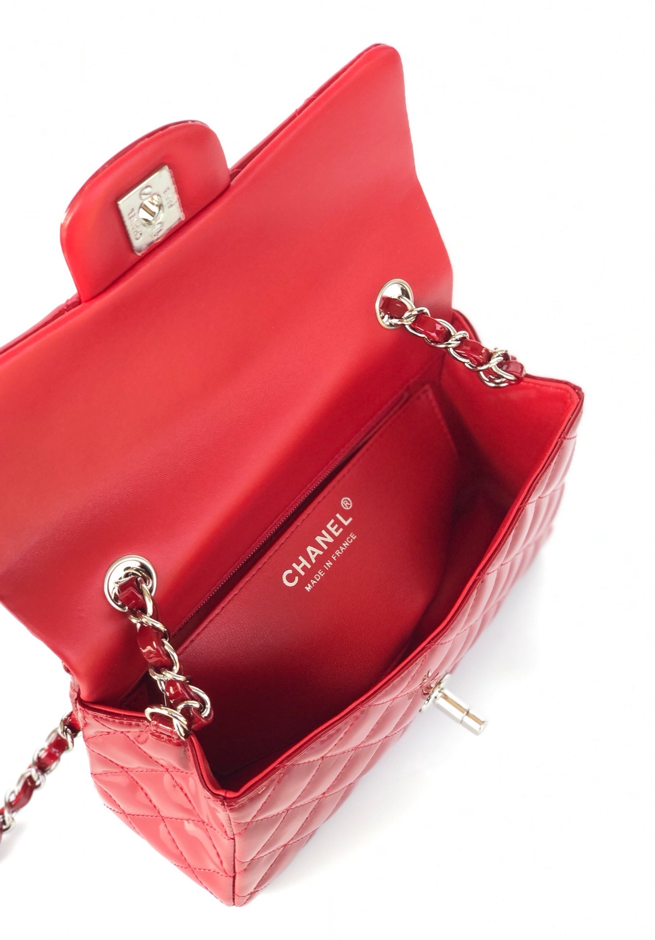 MINI RECTANGLE FLAP BAG 20CM RED PATENT CALFSKIN SILVER HARDWARE