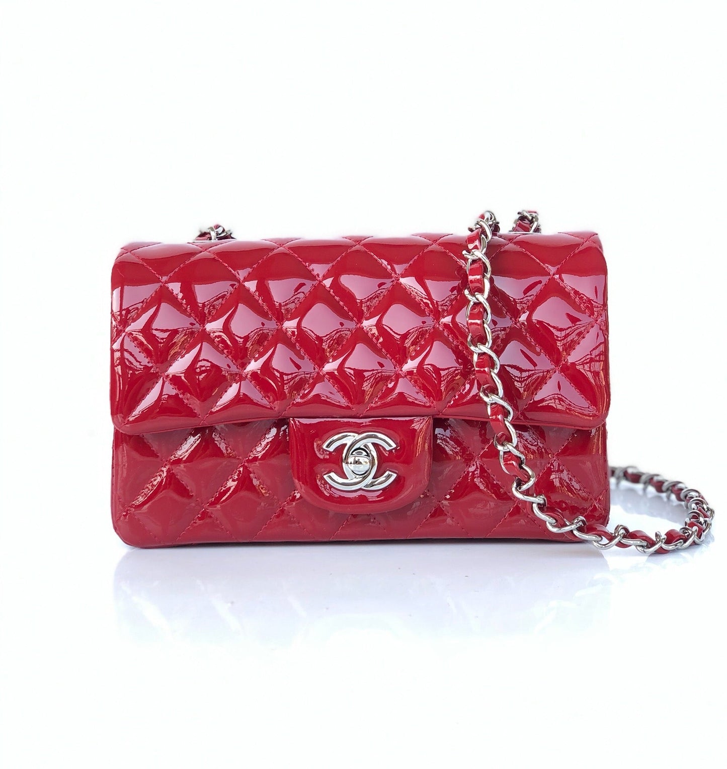 MINI RECTANGLE FLAP BAG 20CM RED PATENT CALFSKIN SILVER HARDWARE