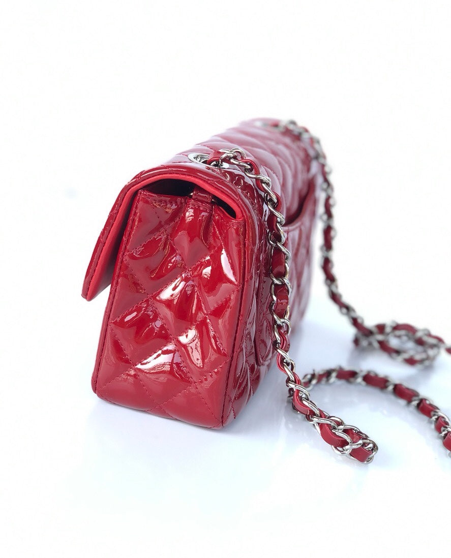 MINI RECTANGLE FLAP BAG 20CM RED PATENT CALFSKIN SILVER HARDWARE