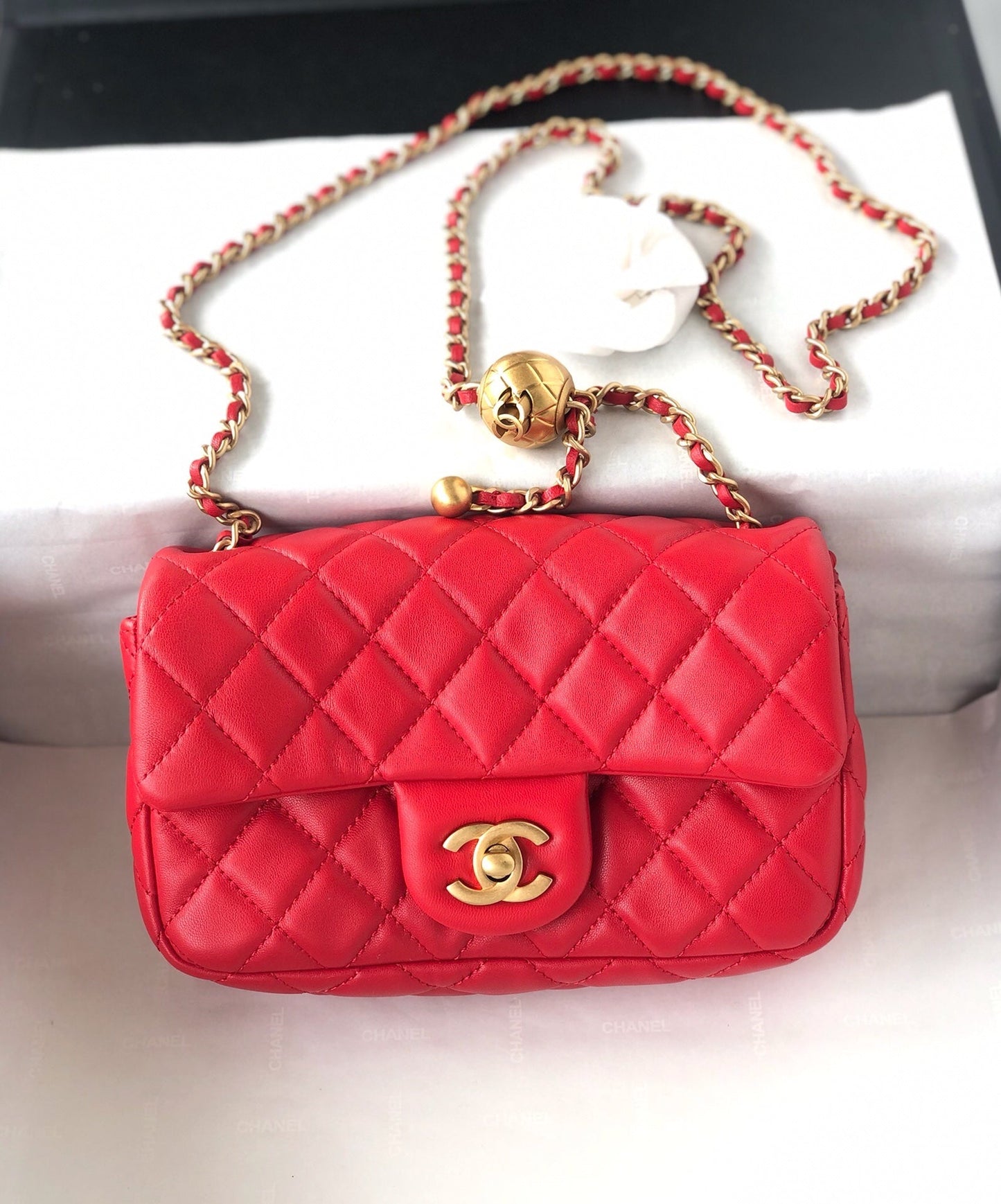 MINI RECTANGLE CLASSIC FLAP BAG 20CM RED LAMBSKIN GOLD HARDWARE