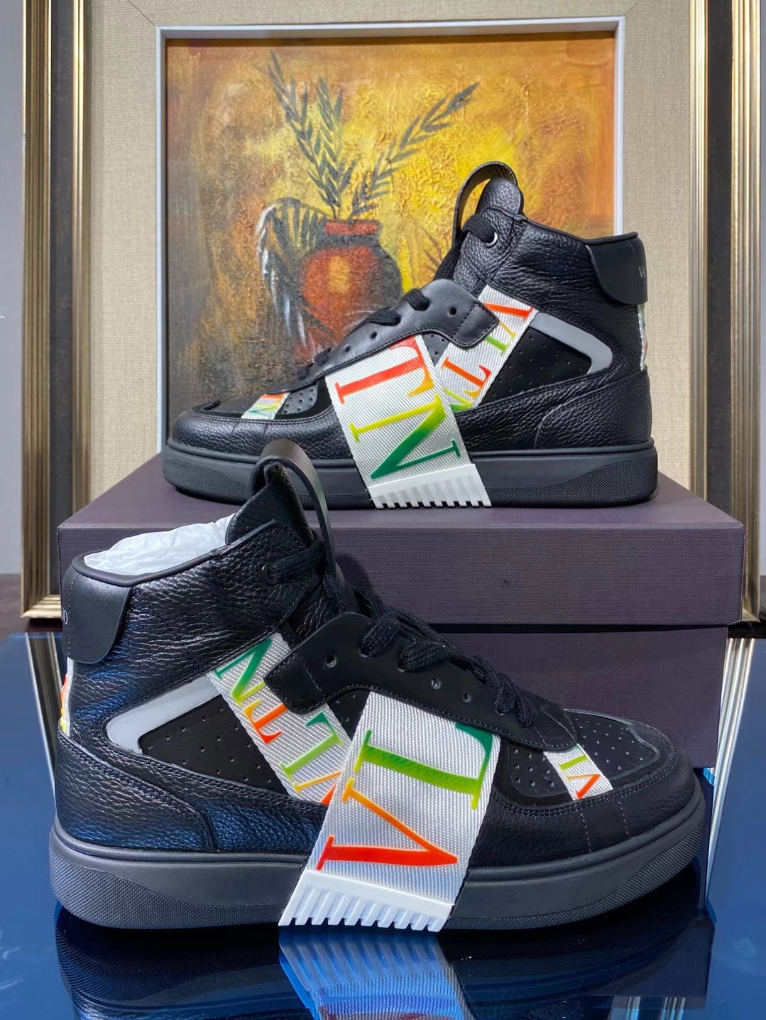 Valenti High Top VL7N Black Calfskin Multicolor Canvas 993748