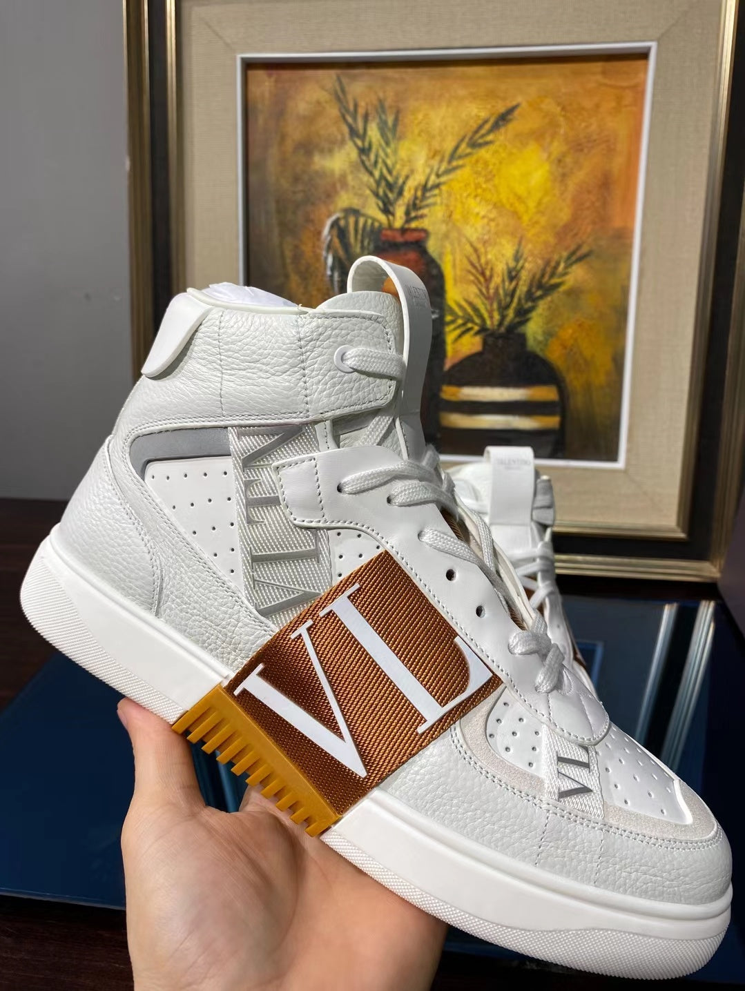 Valenti High Top VL7N White Calfskin Brown Canvas 993746