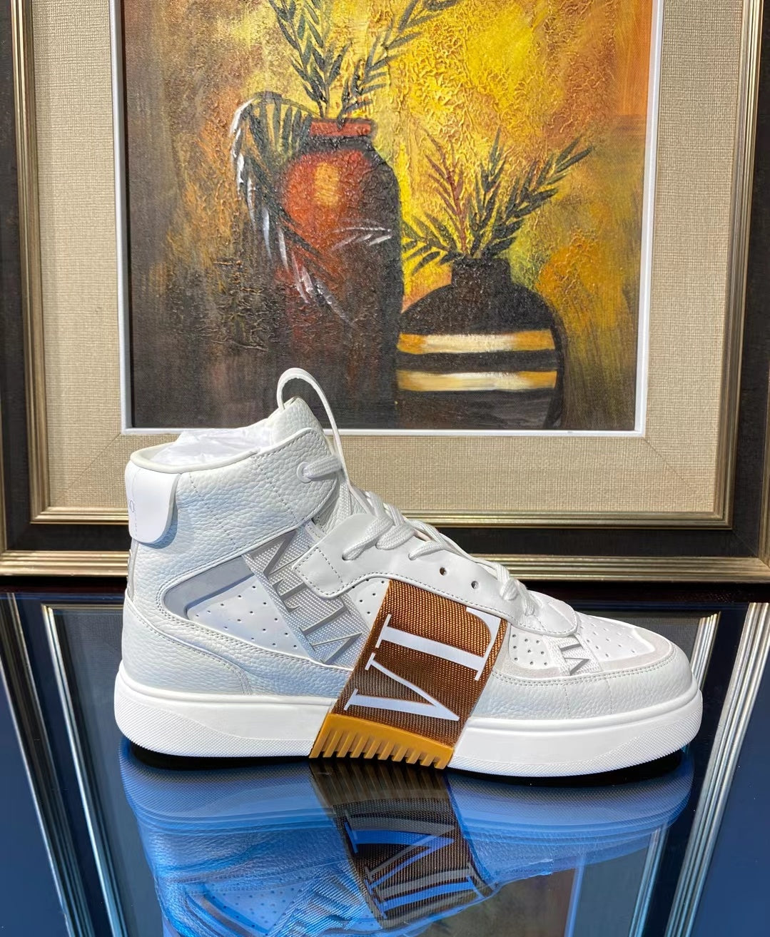 Valenti High Top VL7N White Calfskin Brown Canvas 993746