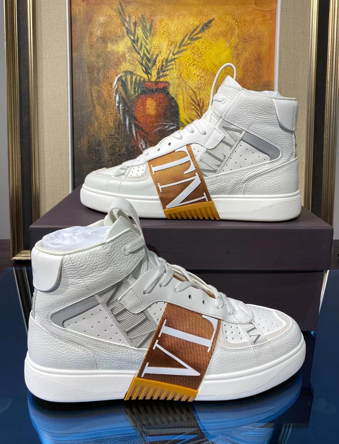 Valenti High Top VL7N White Calfskin Brown Canvas 993746