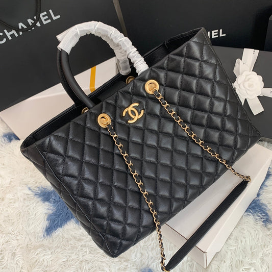 cc shopping bag 38cm black quilted caviar leather ghw