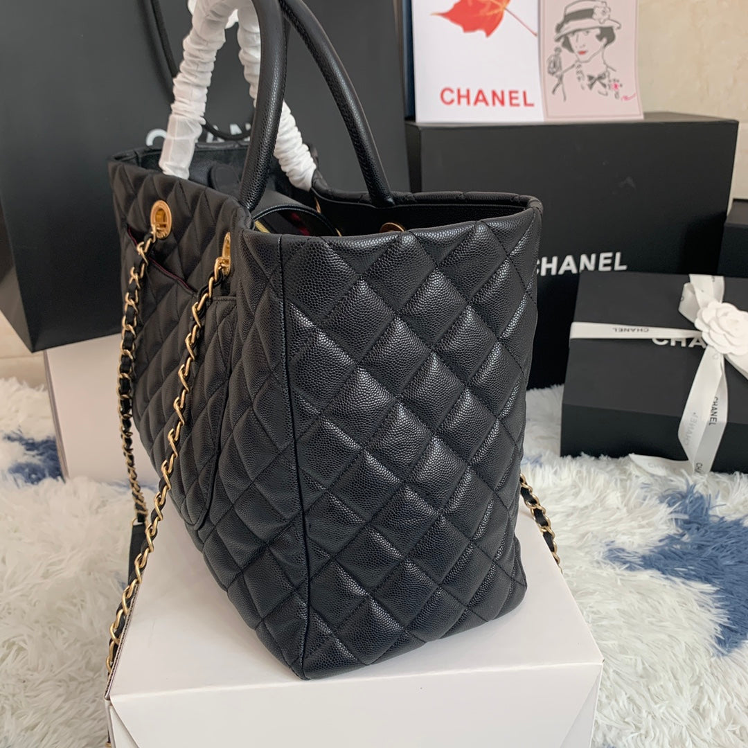 cc shopping bag 38cm black quilted caviar leather ghw