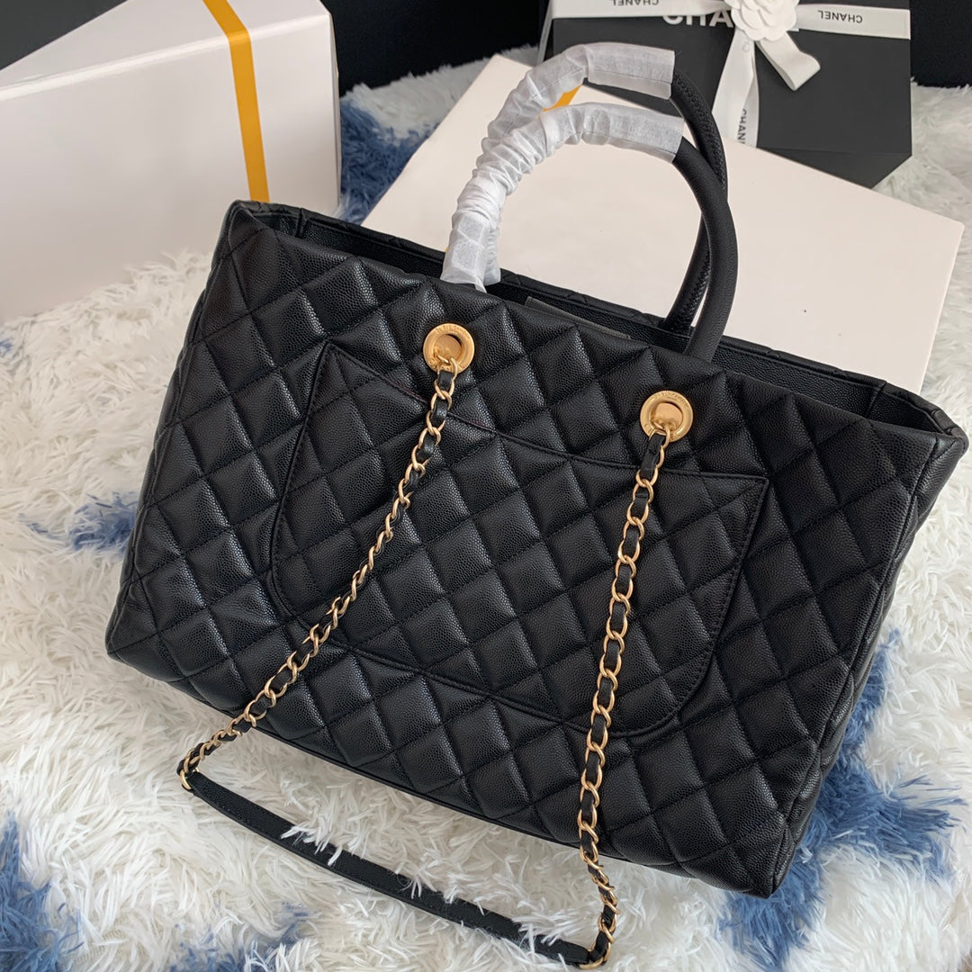 cc shopping bag 38cm black quilted caviar leather ghw