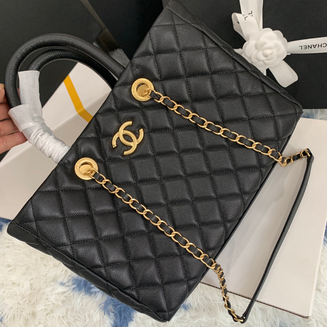 cc shopping bag 30cm black quilted caviar leather ghw