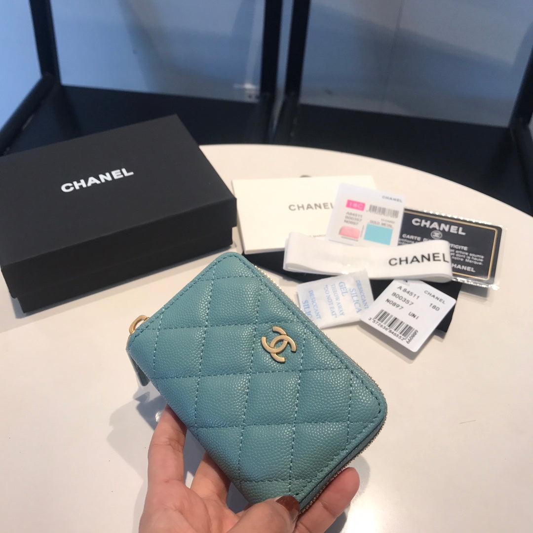 CC ZIPPED CAVIAR PURSE 11 TEAL CALFSKIN GOLD ICON