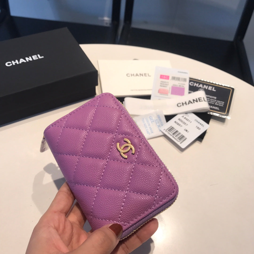 CC ZIPPED CAVIAR PURSE 11 PURPLE CALFSKIN GOLD ICON