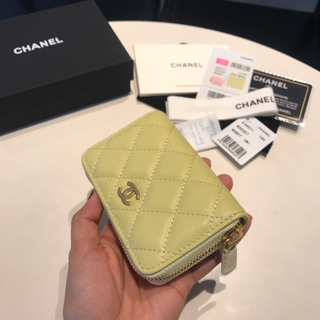 CC ZIPPED CAVIAR PURSE 11 LIGHT YELLOW CALFSKIN GOLD ICON