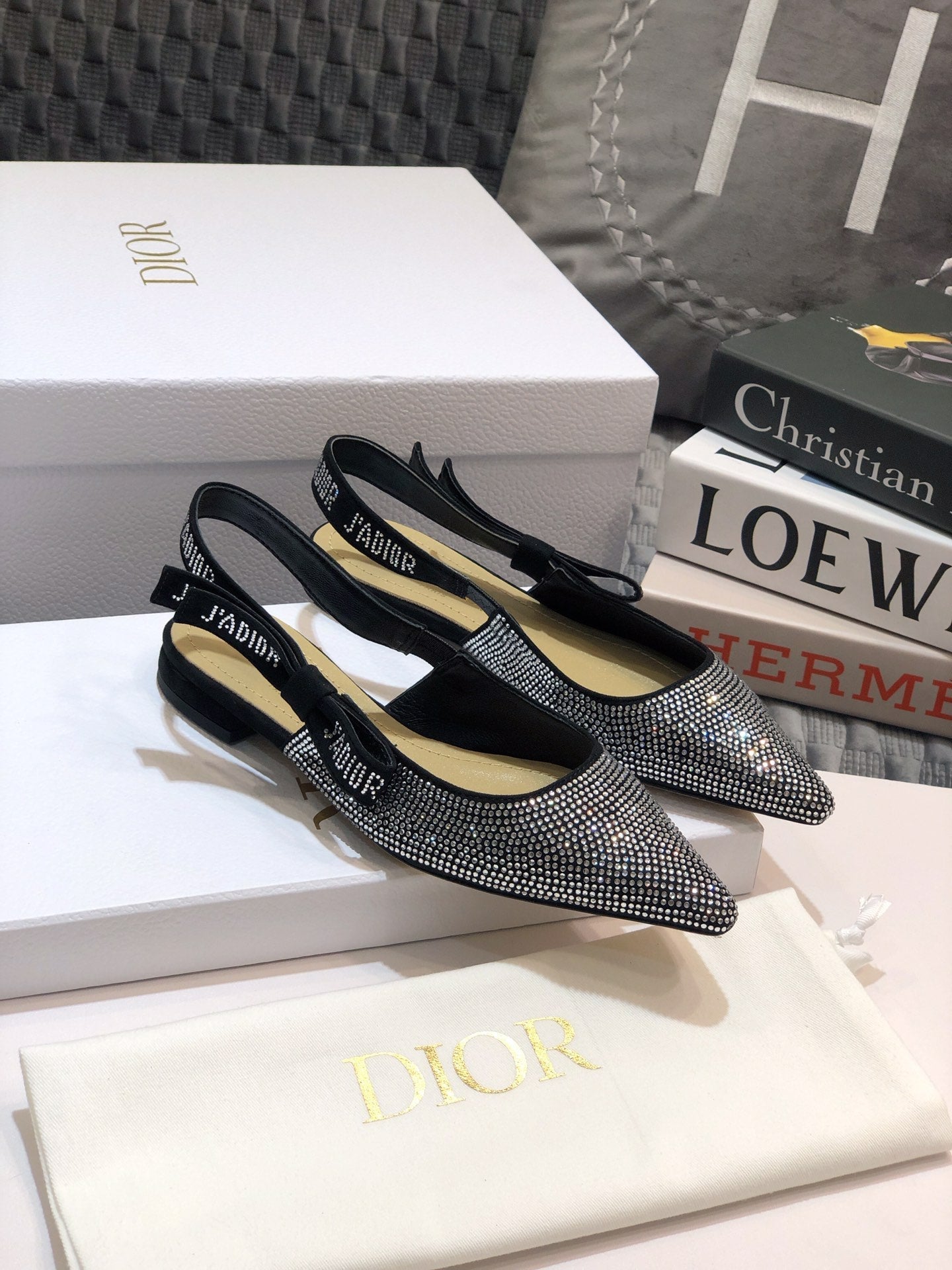 JAdior slingback flat black full diamond crystal and seude