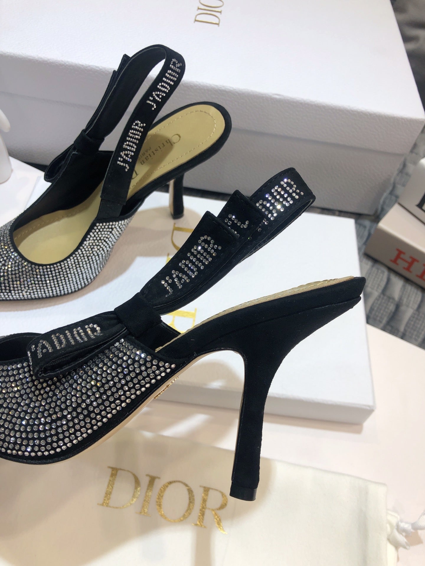 JAdior slingback pump 95 black full diamond crystal and seude