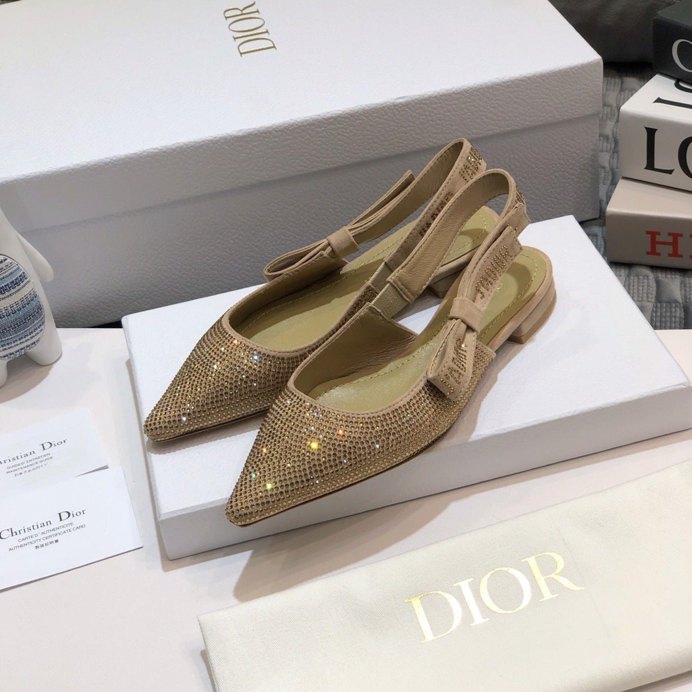 JAdior slingback flat beige full diamond crystal and seude