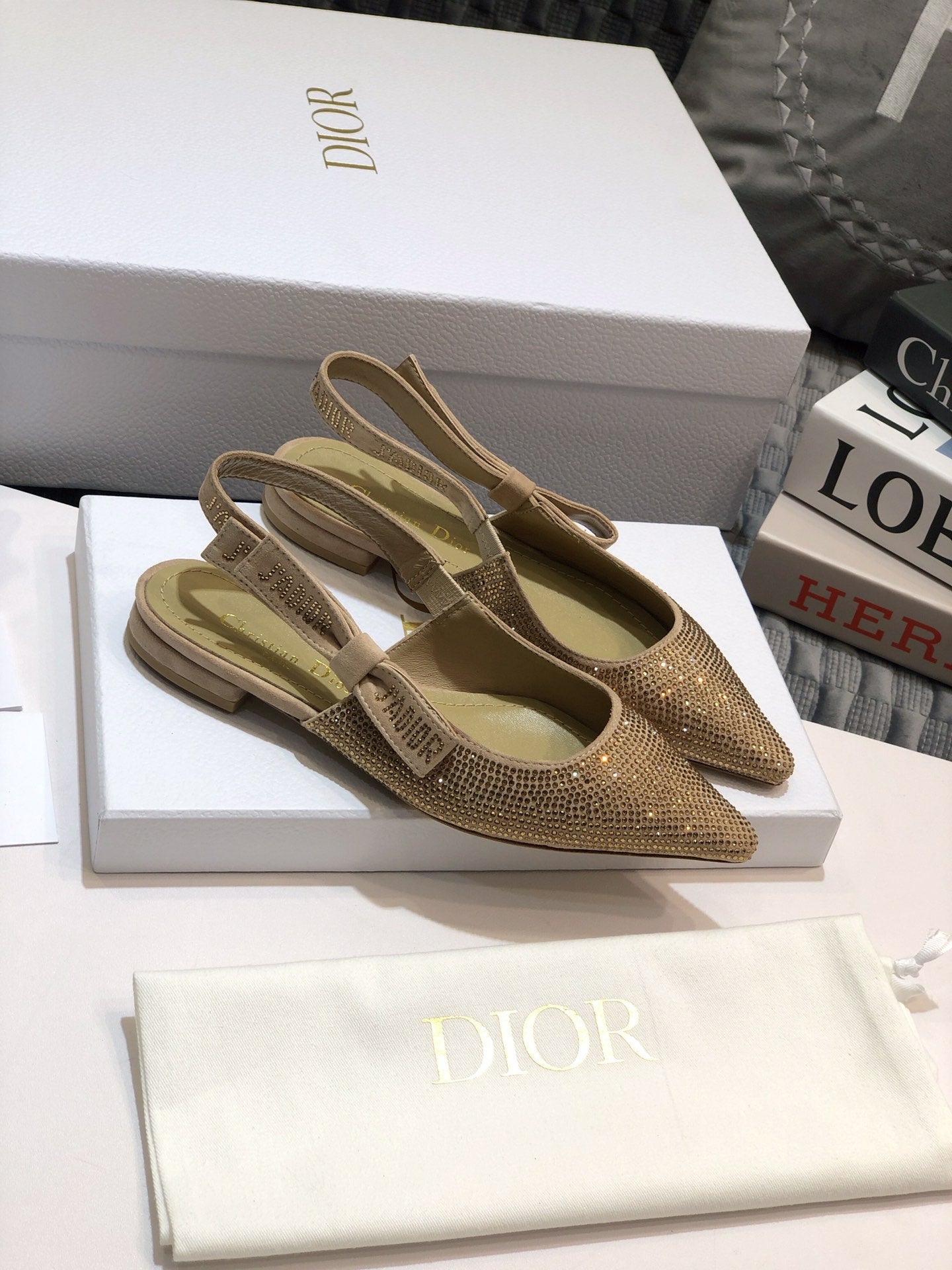 JAdior slingback flat beige full diamond crystal and seude