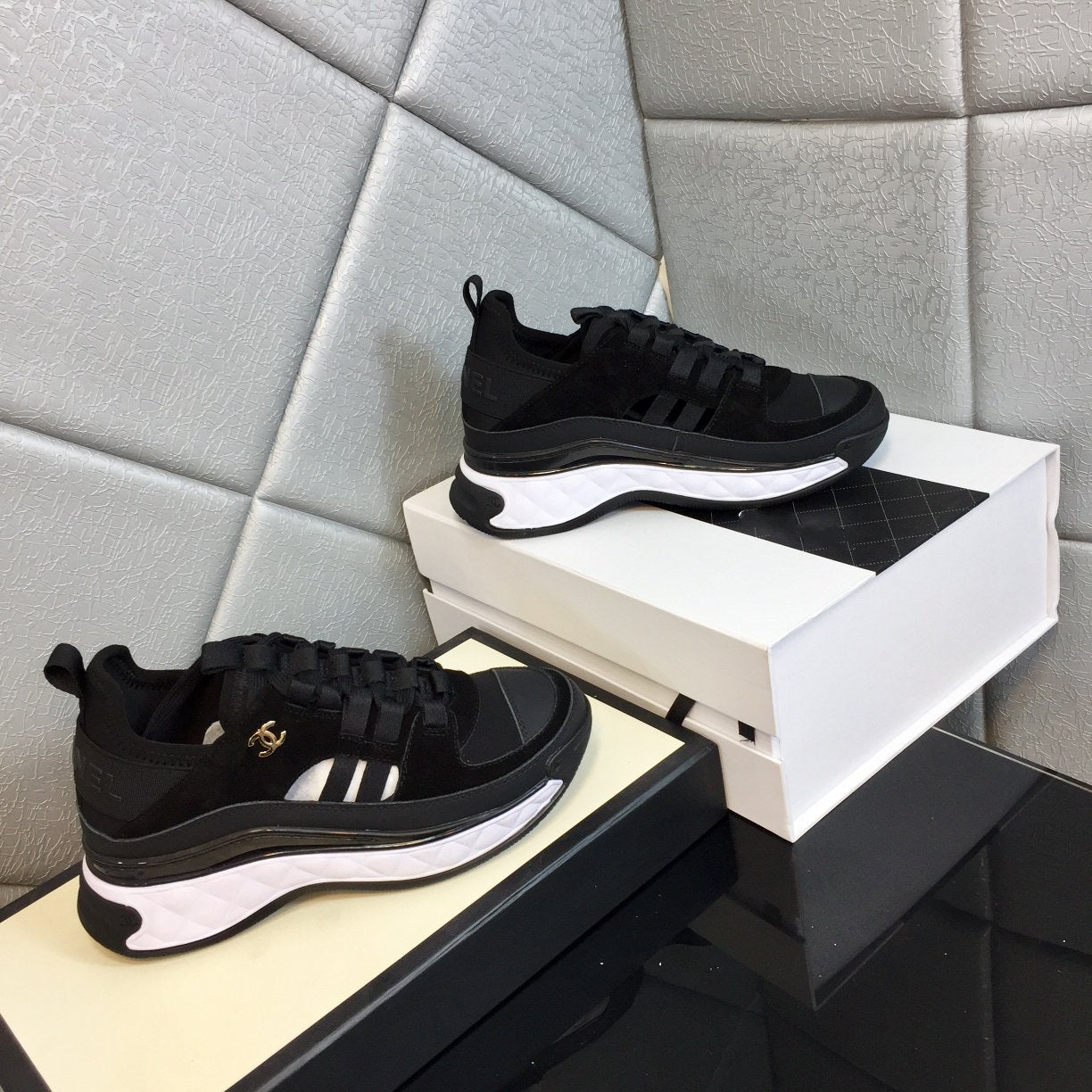 cc sneaker black white quilted calfskin