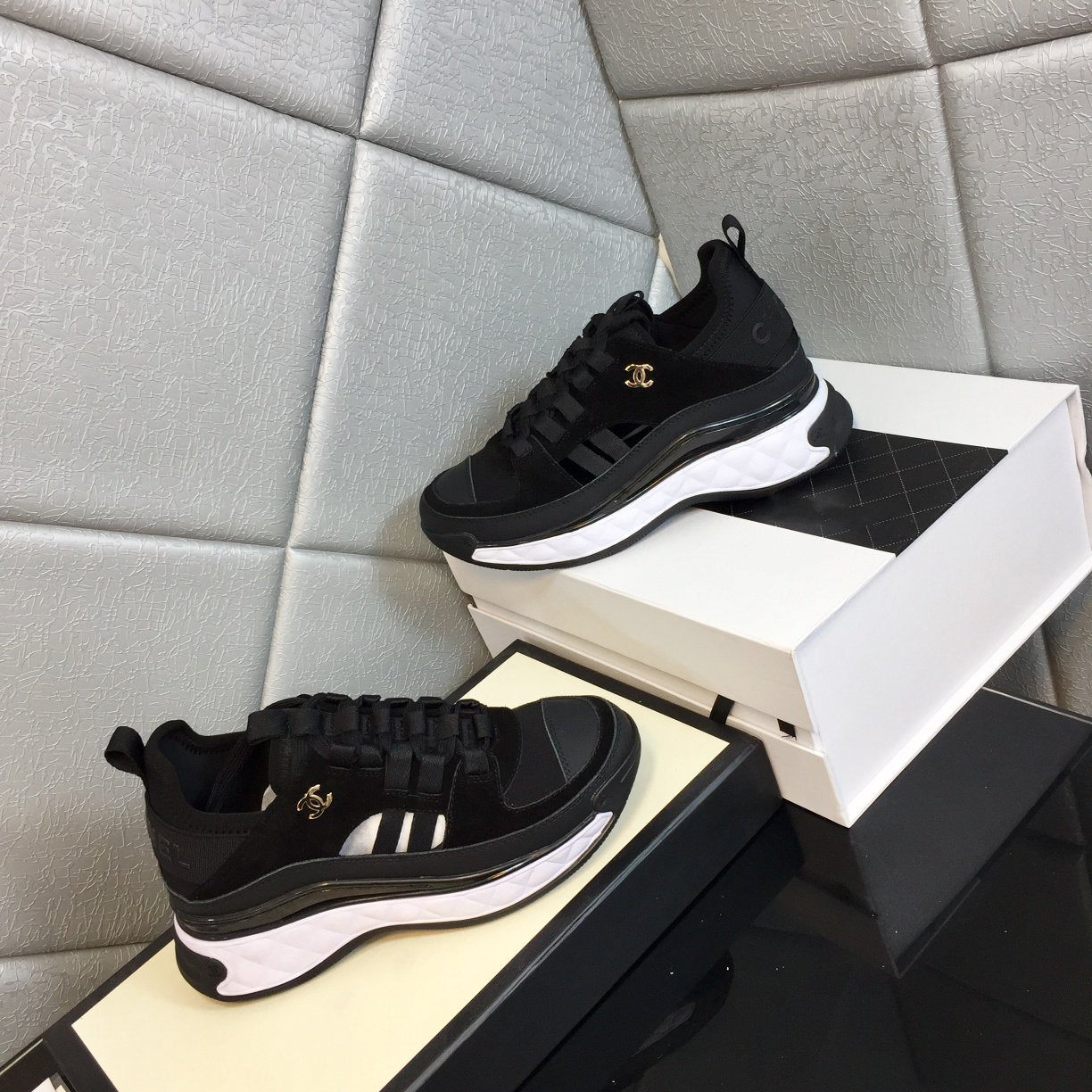 cc sneaker black white quilted calfskin