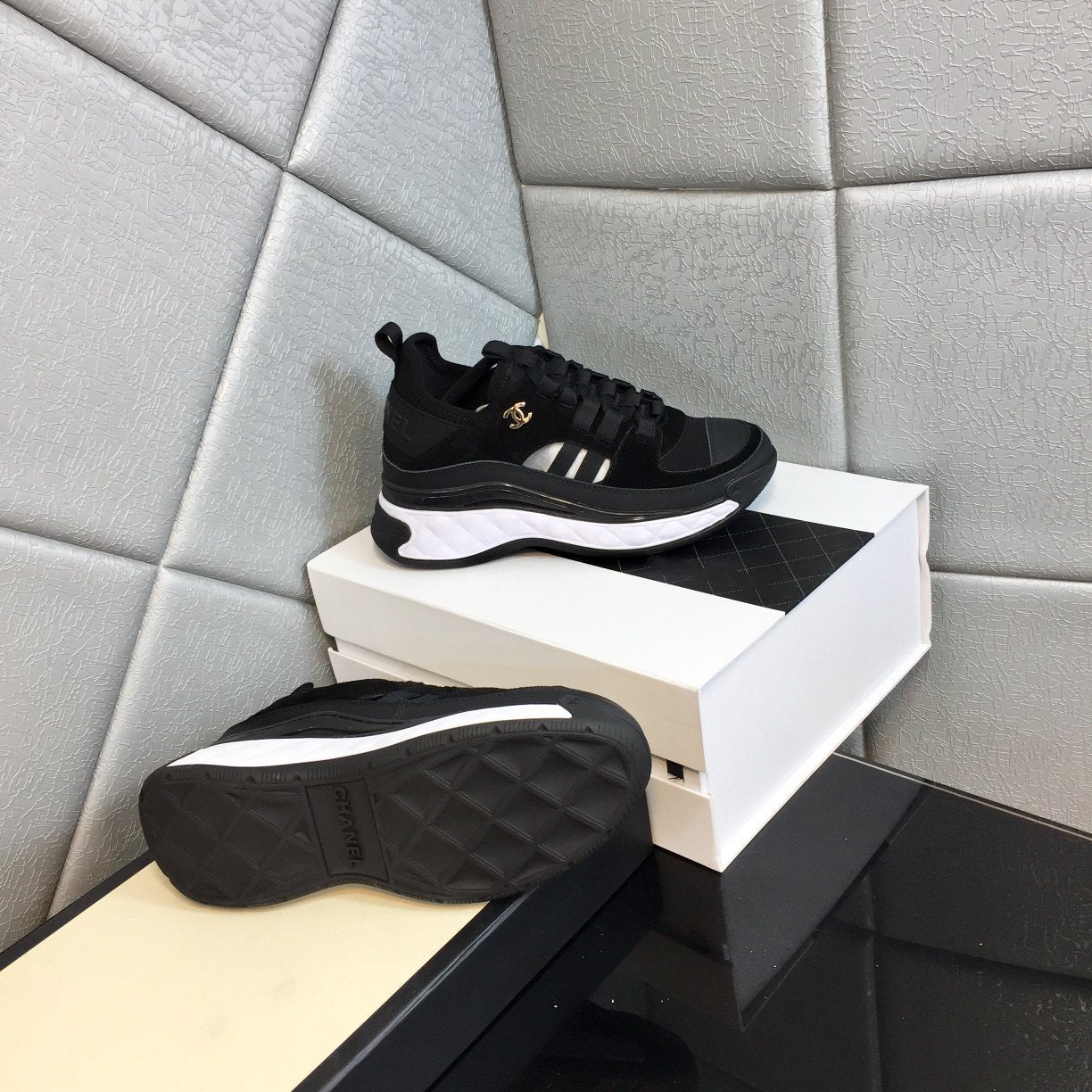 cc sneaker black white quilted calfskin