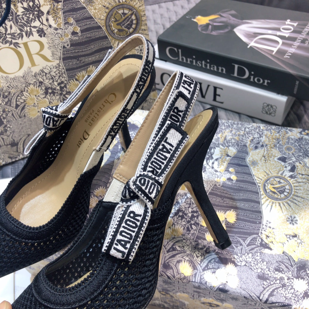 JAdior slingback pumps 95 full transparent mesh black embroidered cotton