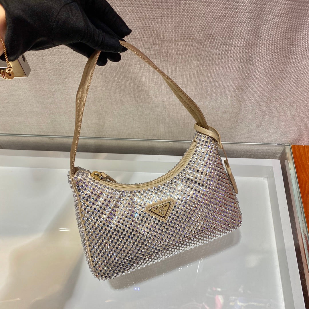 SPARKLING HOBO BAG 23 IN BEIGE NYLON ATTACHED FULLY CRYSTALS