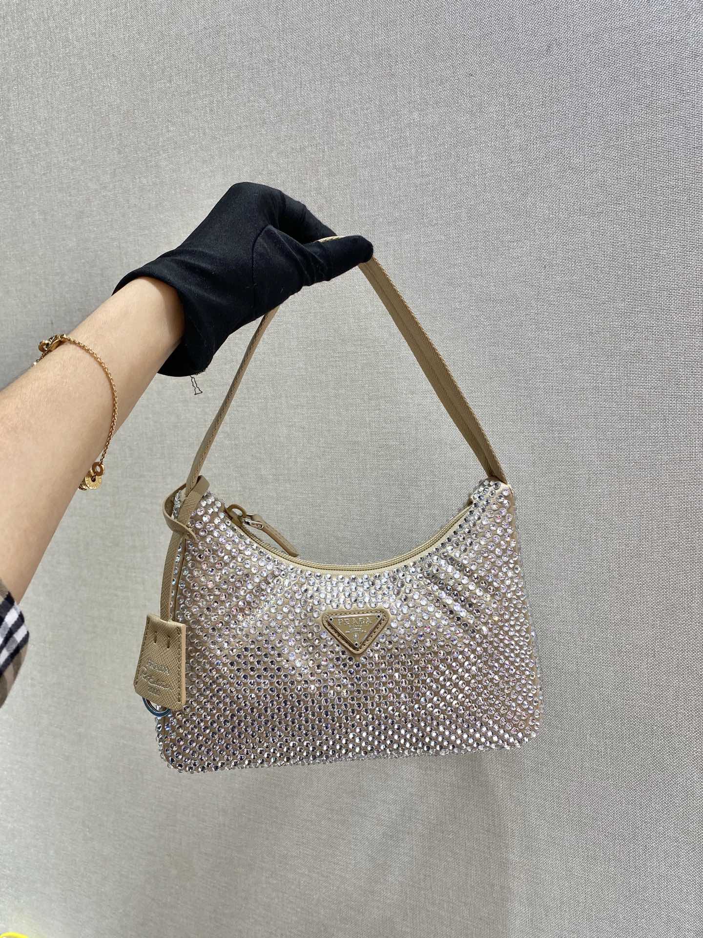 SPARKLING HOBO BAG 23 IN BEIGE NYLON ATTACHED FULLY CRYSTALS