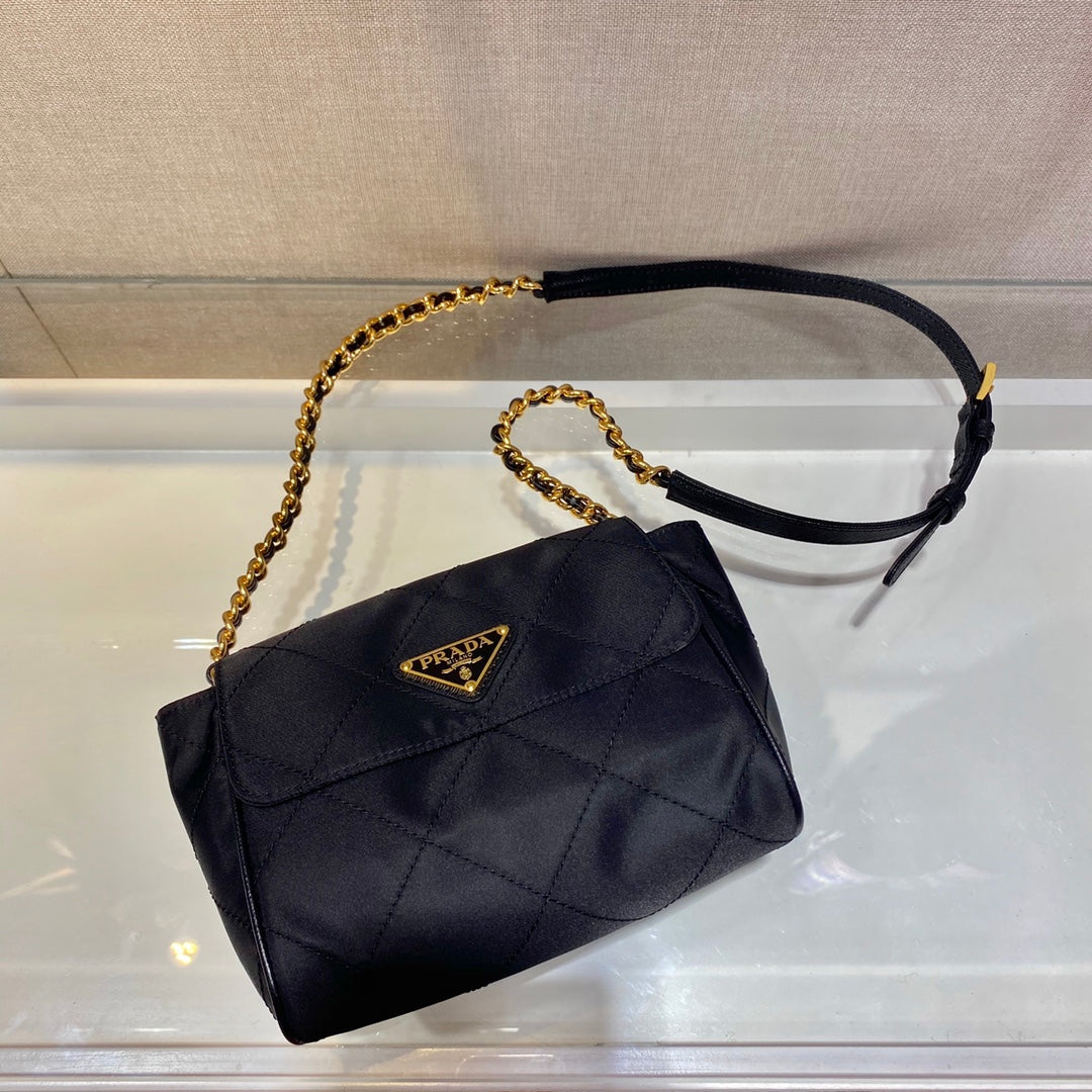 SMALL QUILTED FLAP BAG 18 IN BLACK RE-NYLON FABRIC GOLD CHAIN