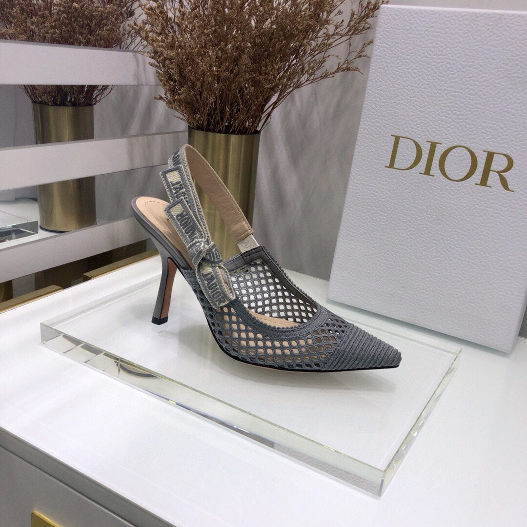 JAdior slingback pumps 95 transparent mesh grey embroidered cotton