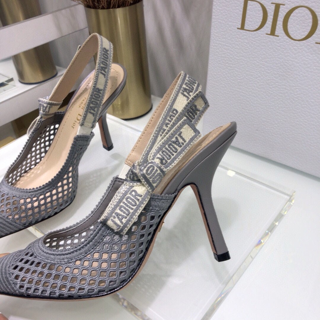 JAdior slingback pumps 95 transparent mesh grey embroidered cotton