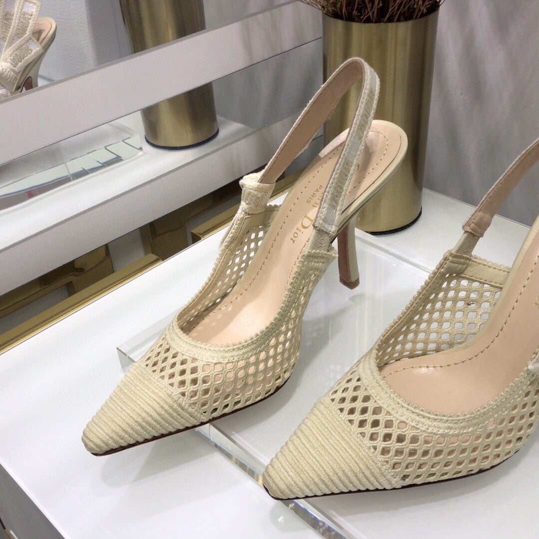 JAdior slingback pumps 95 transparent mesh beige embroidered cotton