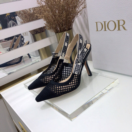 JAdior slingback pumps 95 transparent mesh black embroidered cotton