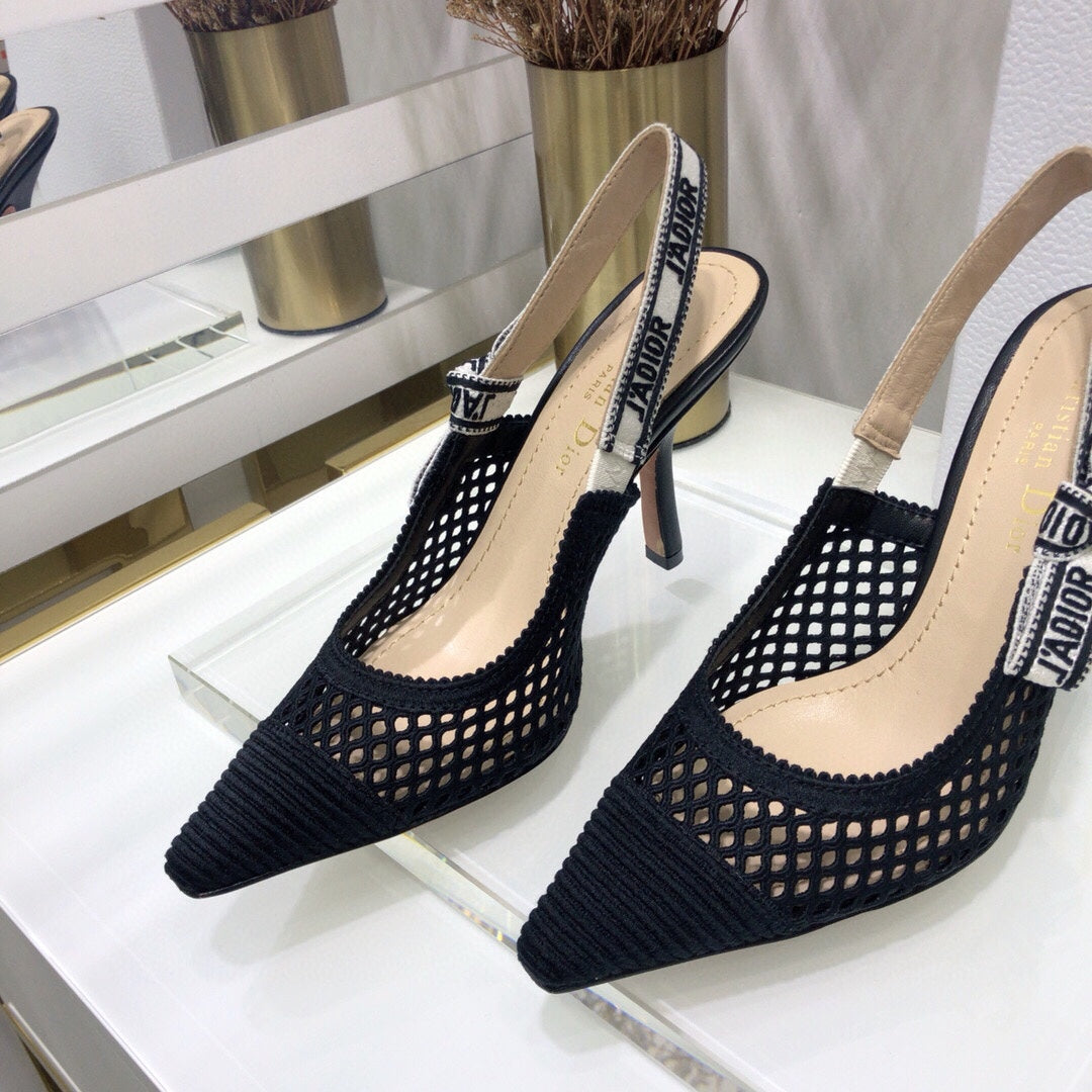 JAdior slingback pumps 95 transparent mesh black embroidered cotton