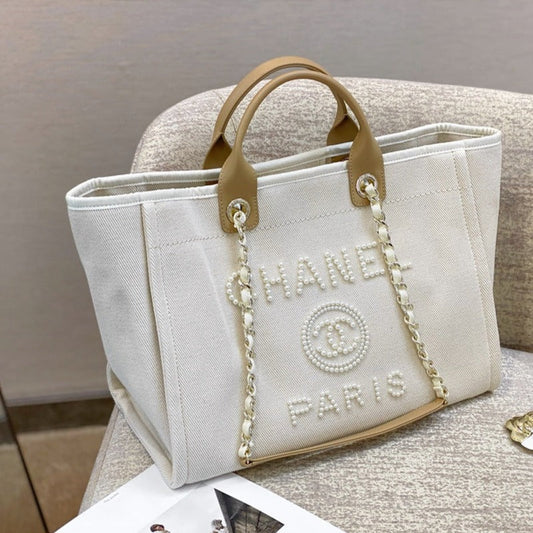 CC DEAUVILLE TOTE BAG WHITE CANVAS MOP LOGO