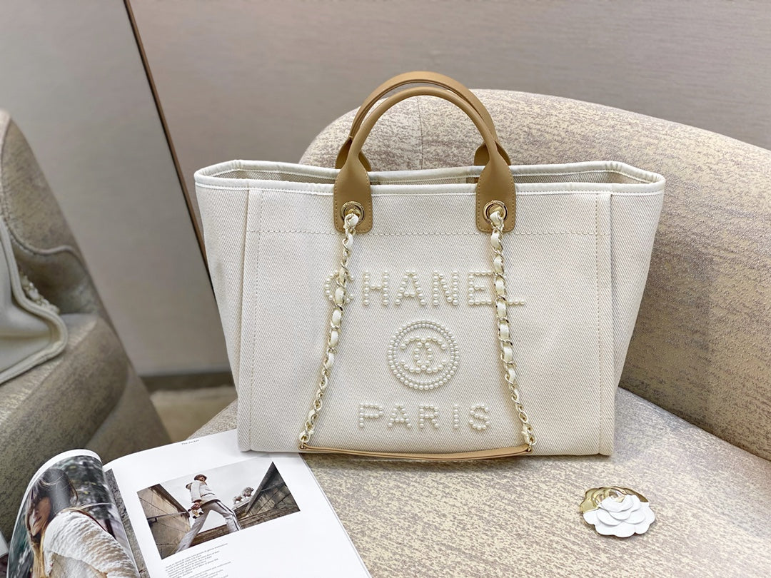 CC DEAUVILLE TOTE BAG WHITE CANVAS MOP LOGO